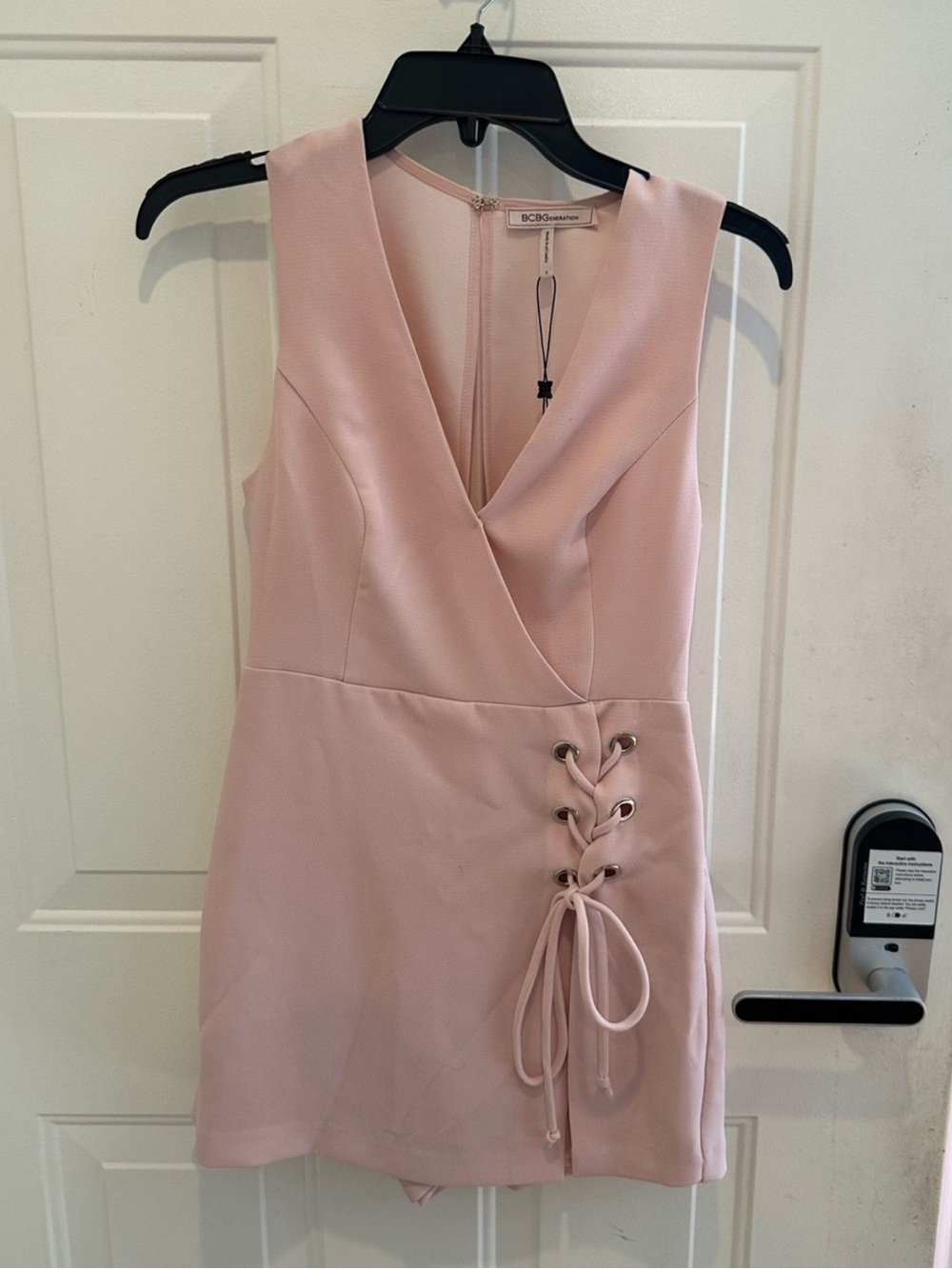 BCBGeneration Blush Pink Lace-Up V-Neck Romper